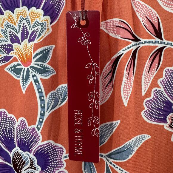 Rose & Thyme Floral Blouse WMNS M Orange Multi Flutter Sleeve V-Neck Lightweight - Picture 4 of 10